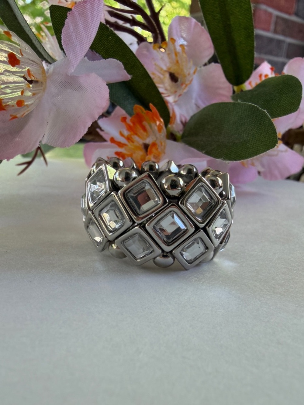 🐼 Lia Sophia Silver Crystal Square Stretch Statement Ring - Women Jewelry